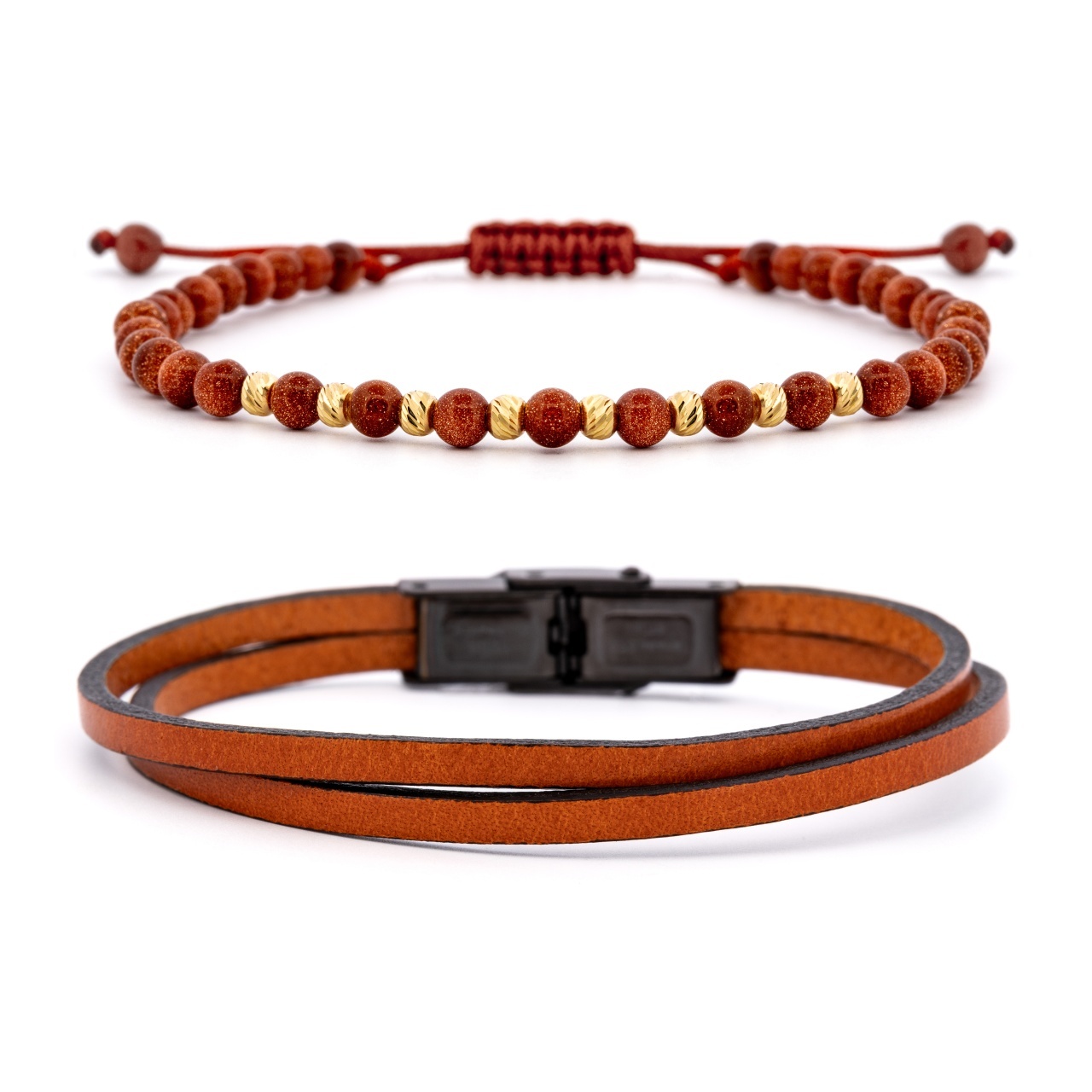 Bratara Double Sun din AUR 14K si Piele Naturală