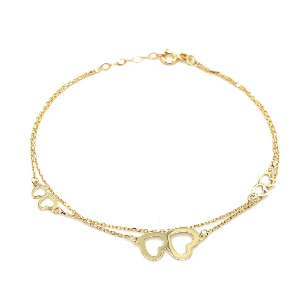 Brățară Elegantă Din Aur 14K Cu Trei Inimi Duble Și Lănțișor Dublu