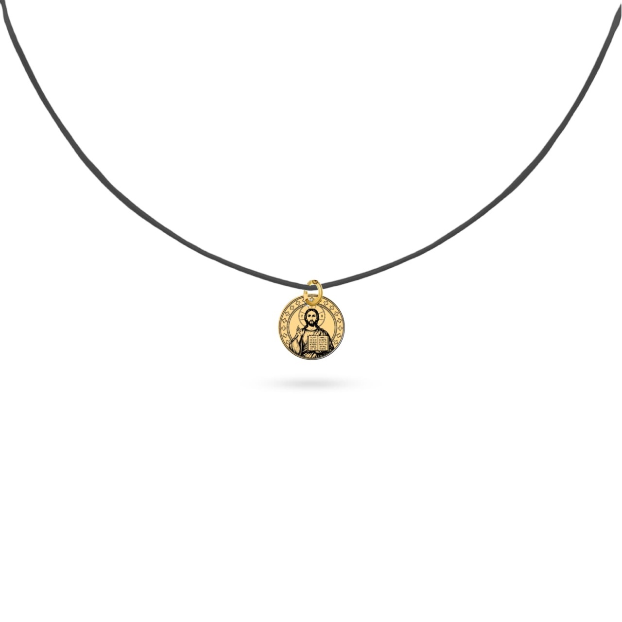 Choker cu Șnur Negru și Bănuț din Aur 14K cu Iisus Hristos Pantocrator