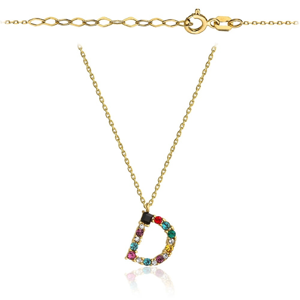Colier Aur 14k cu Litera D si Cristale Multicolore