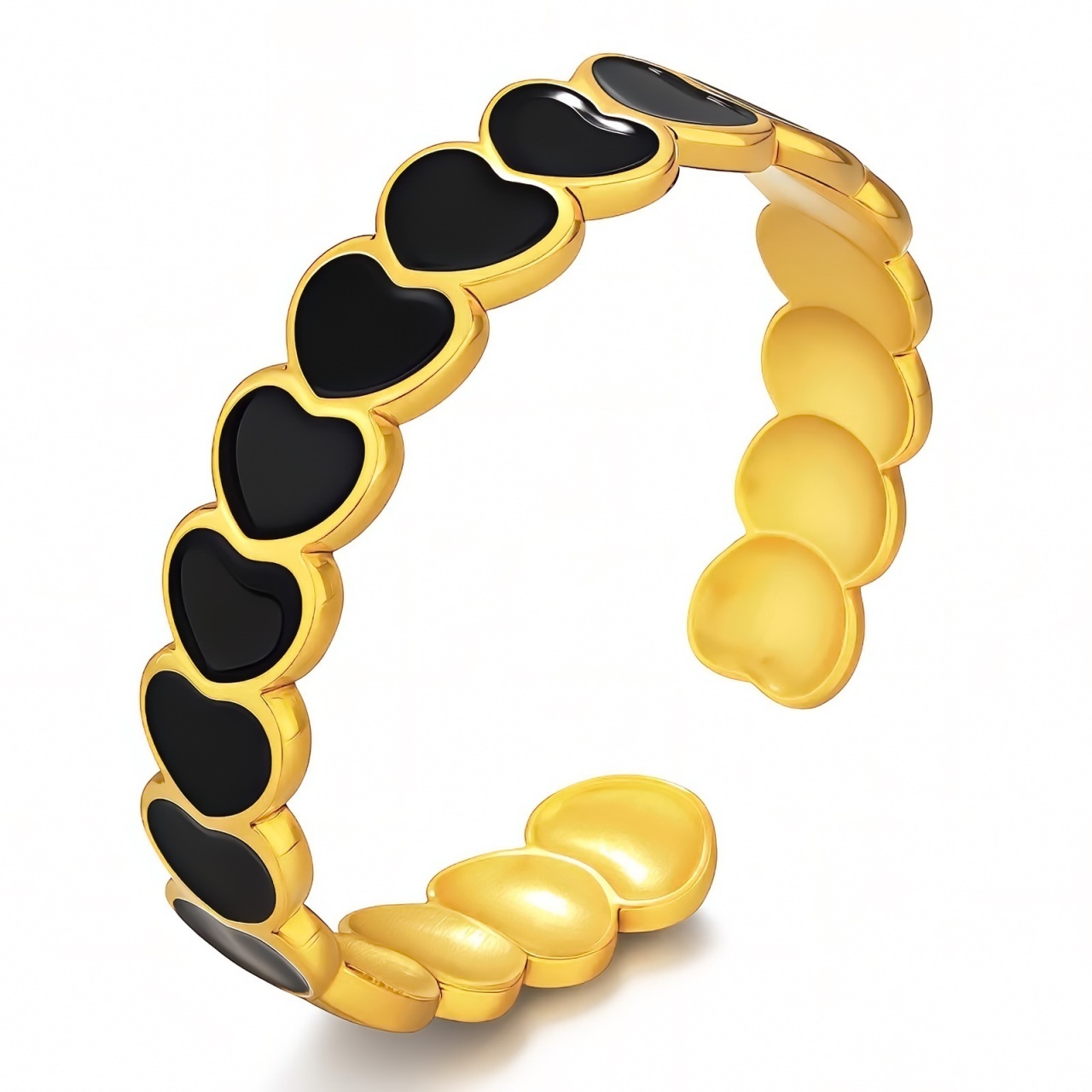 Inel Black Hearts din inox placat cu aur 18K, cu email negru, reglabil
