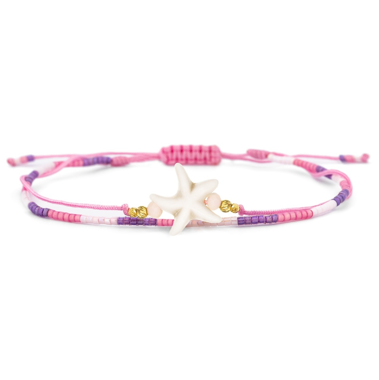 Brățară reglabila de picior Pink Star cu Miyuki si bilute din AUR 14K