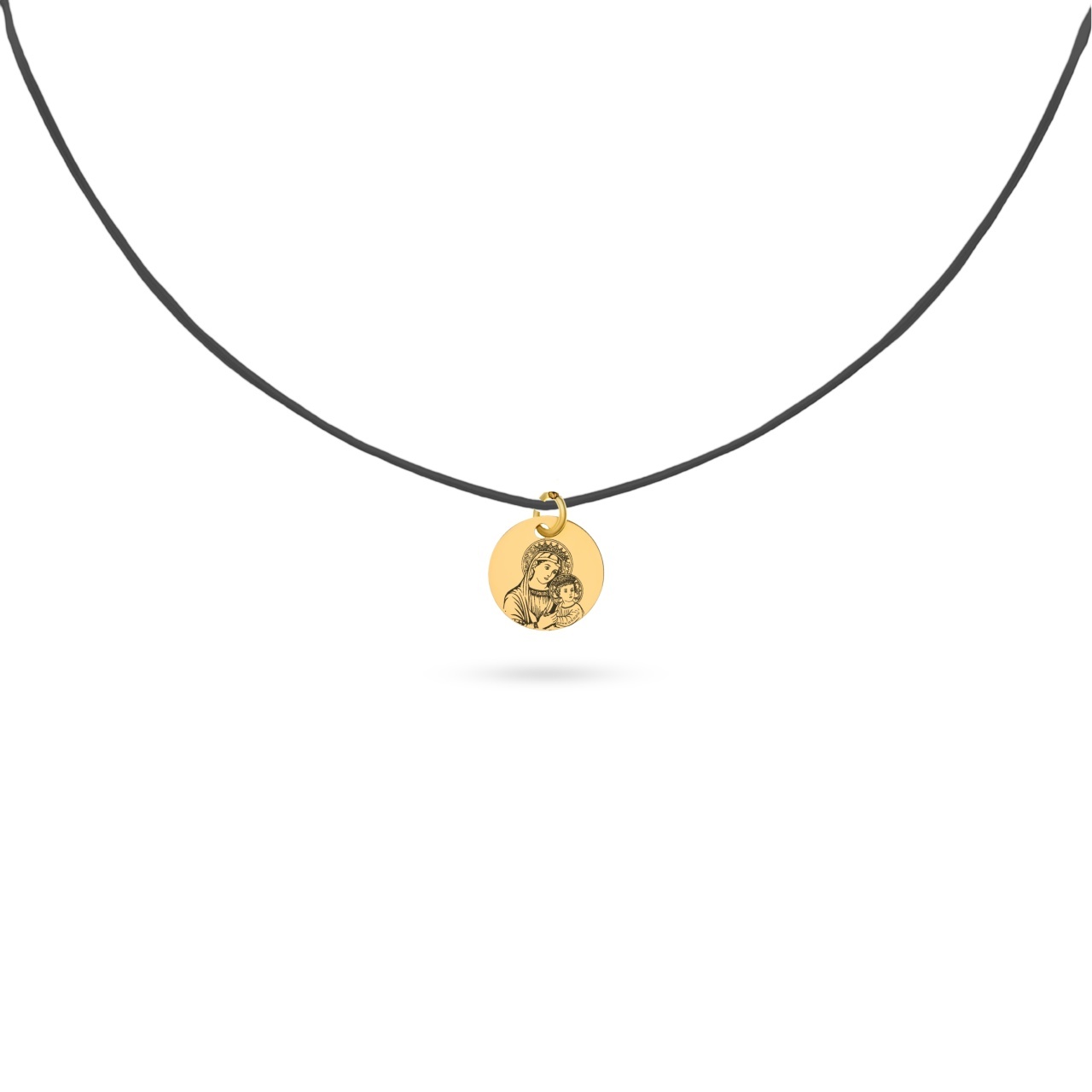 Choker Iconiță cu snur reglabil și bănuț din Aur 14K gravat cu Fecioara Maria