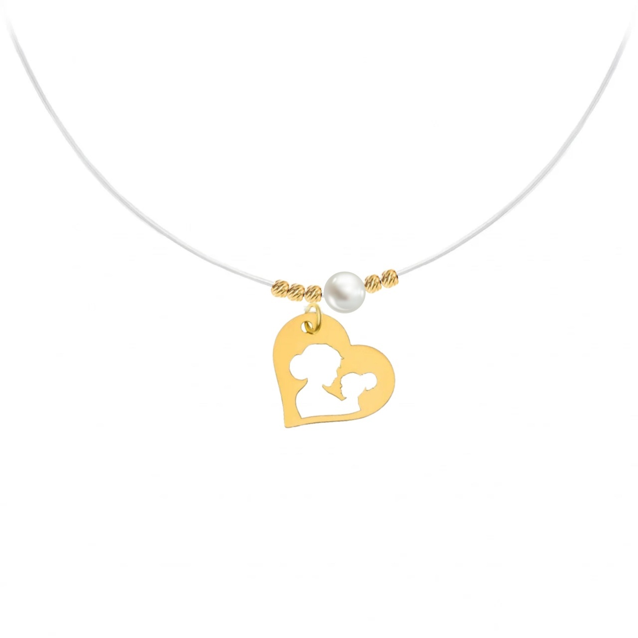 Colier cu fir transparent, perla de cultura si inimioara mama si bebe din AUR 14K