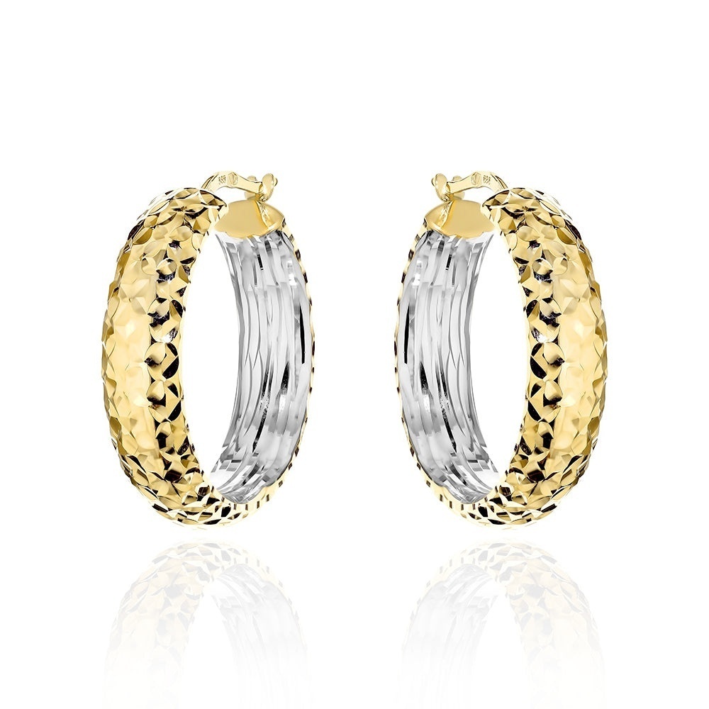 Cercei Aur 14K Rotunzi Diamantați Cu Bară Lată - Două Culori