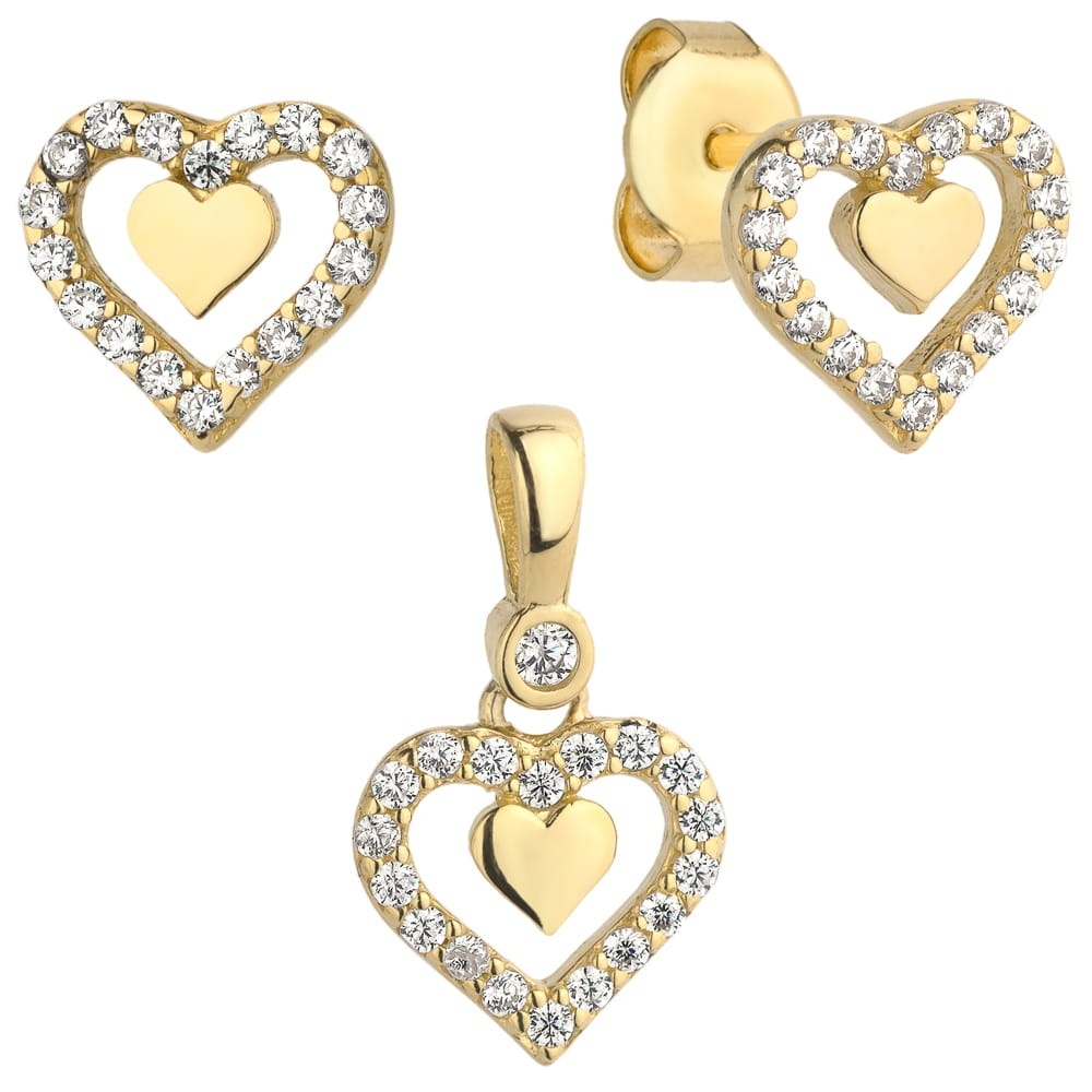 Set Cercei cu Inimioare + Pandantiv si Cristale- Aur 14k