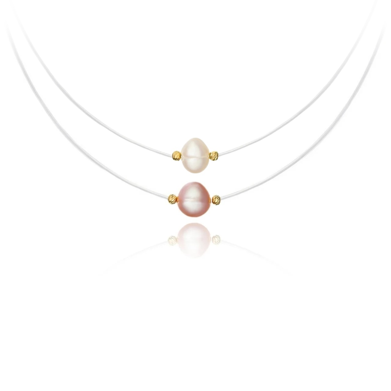 Colier Perle Plutitoare cu fir transparent și AUR 14K
