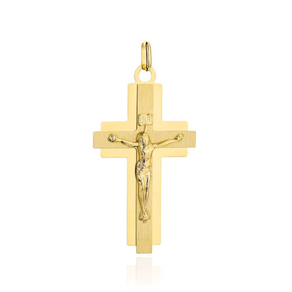 Cruciuliță Aur Galben 14K Satinată cu Contur Lucios și Isus