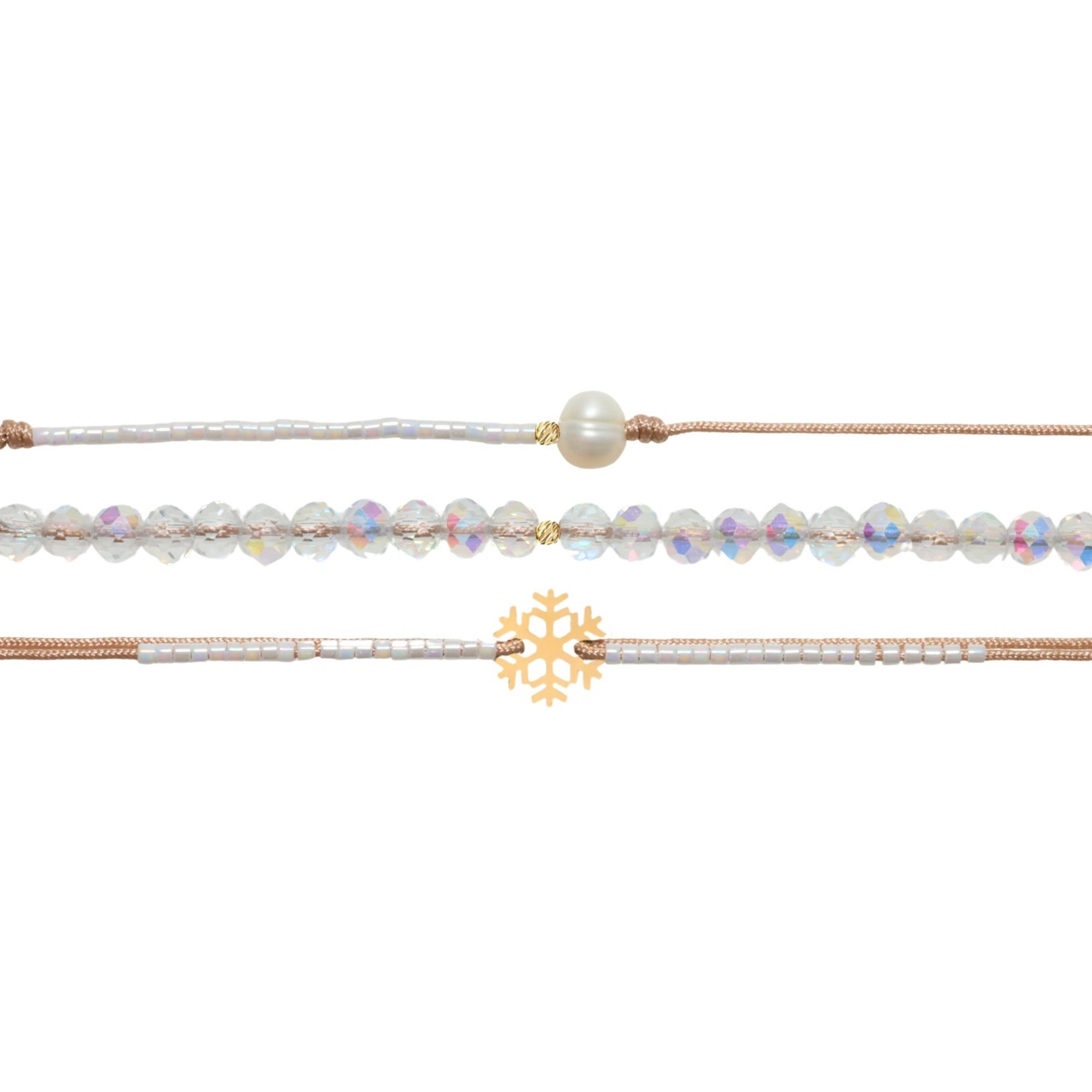Set PROMO 3 bratari cu snur & cristale + bilute si fulg de nea din aur 14k