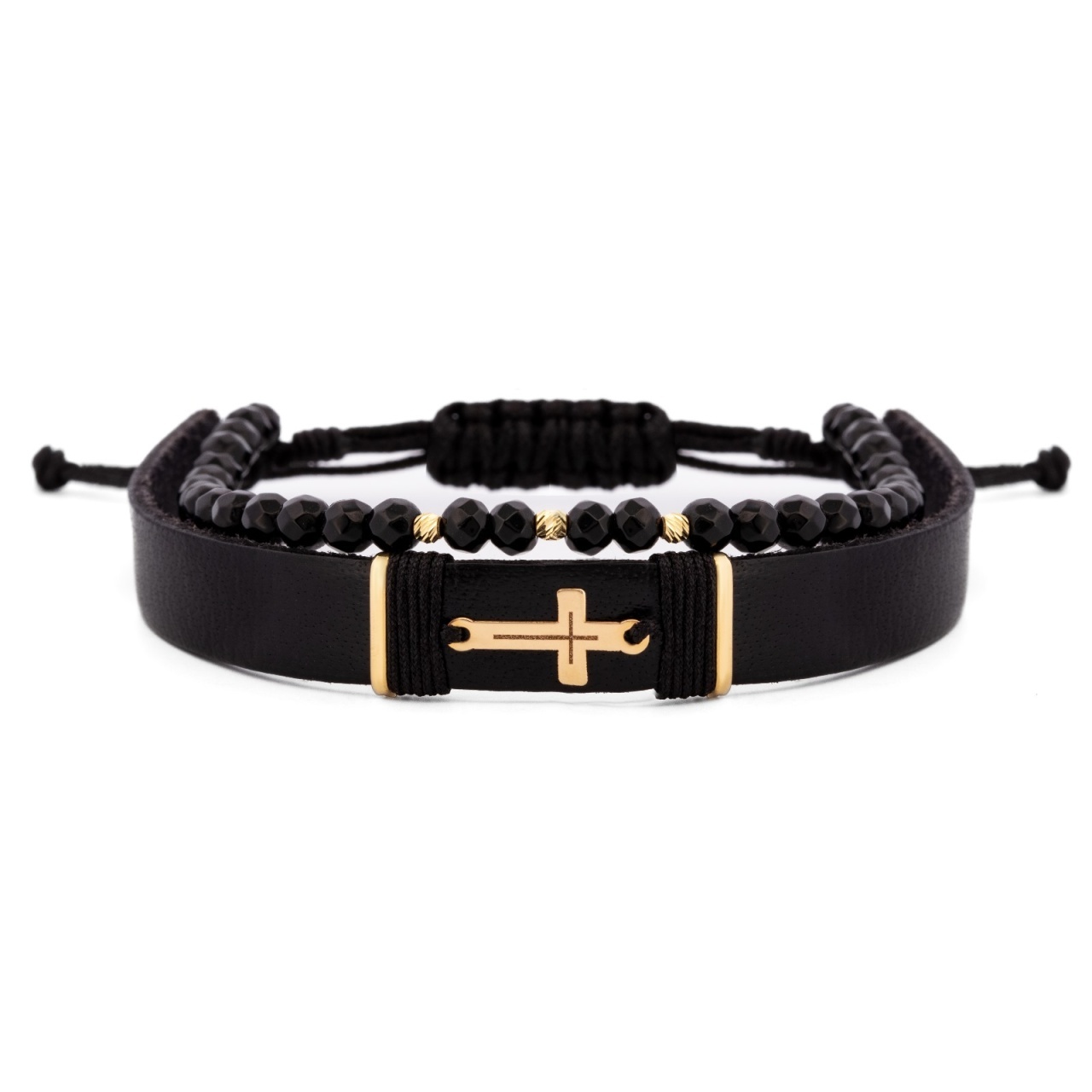 Brățara Double Cross Onix din AUR 14K cu Piele Naturală și Onix