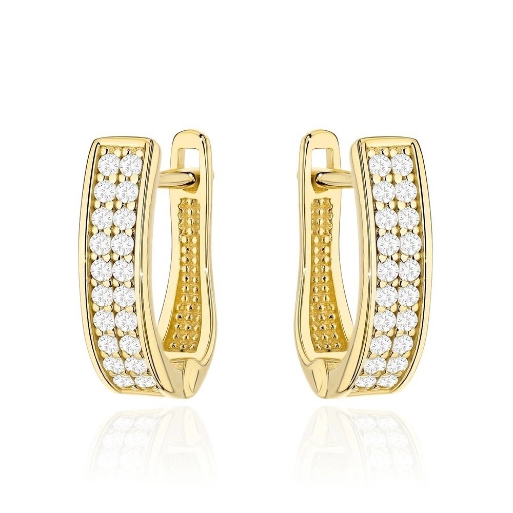 Cercei Aur 14K Cu Dublu Rând De Zirconii Și Design Dreptunghiular