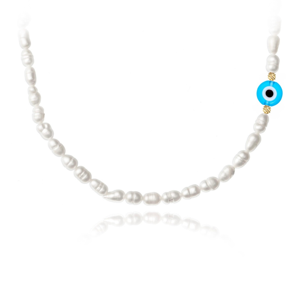 Colier The Eye cu perle de cultură tip bob de orez dimensiune 6mm și 2 biluțe din aur 14K
