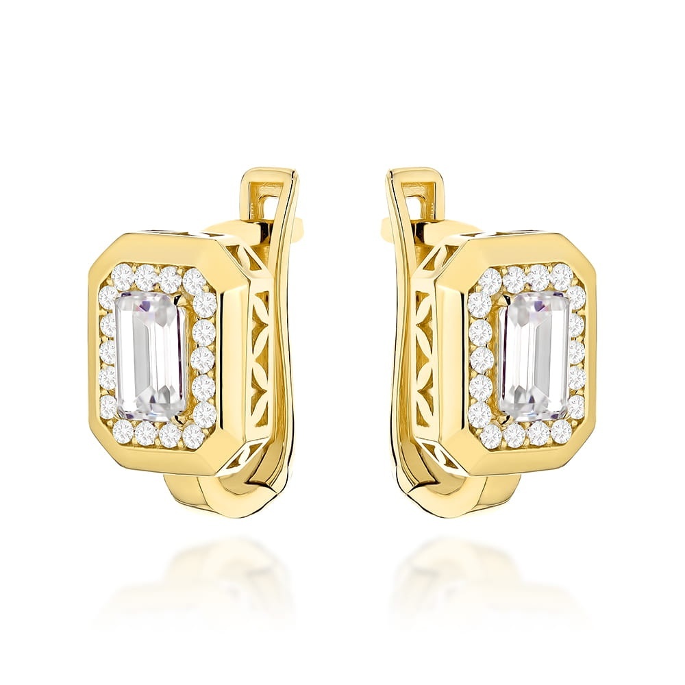 Cercei Eleganți Din Aur Galben 14K Cu Cristale Zirconiu Și Sistem Englezesc