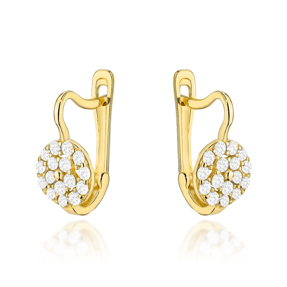 Cercei Eleganti din Aur Galben 14K Tip Cerc cu Pietre de Zirconiu, Sistem Englezesc