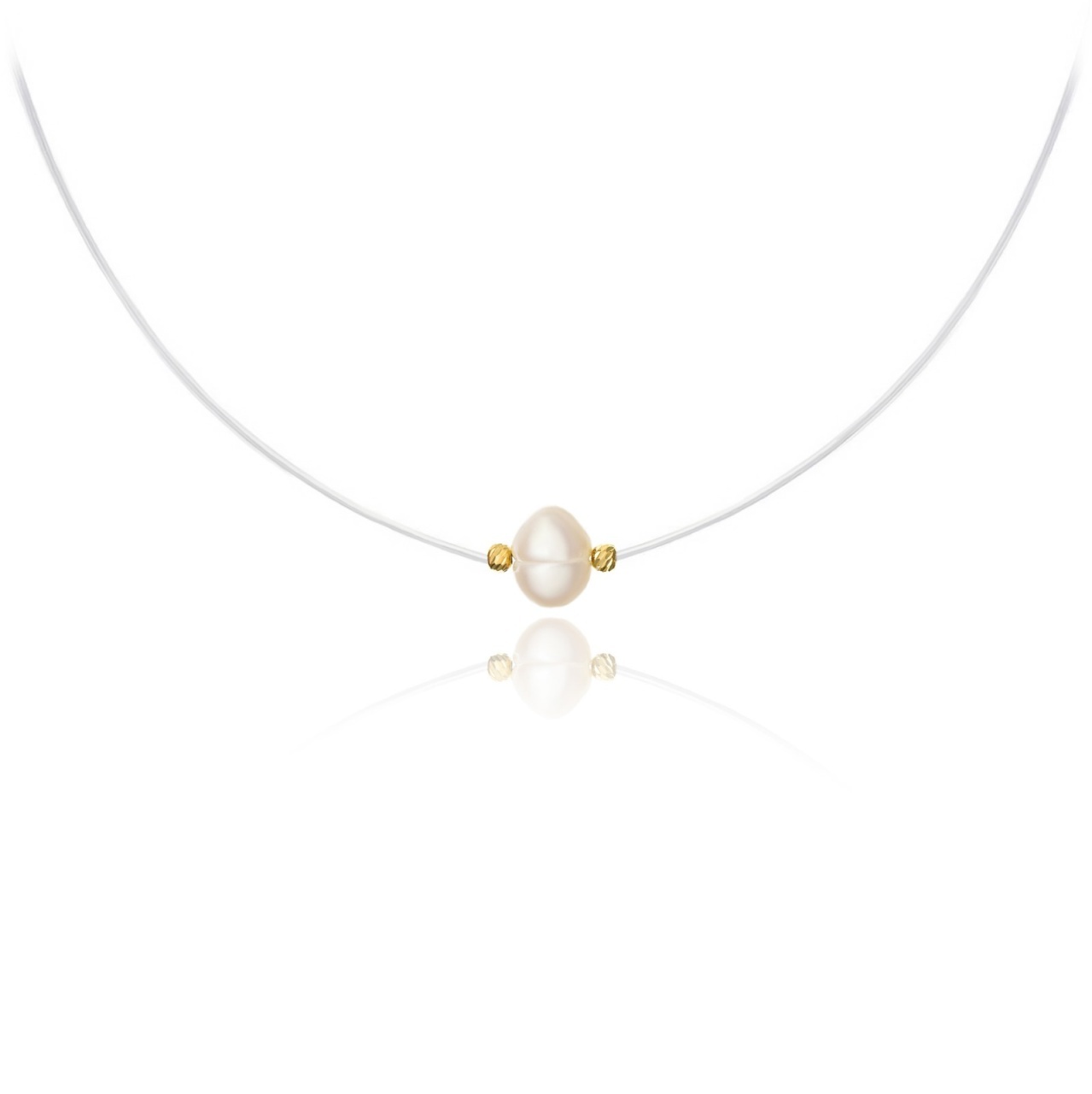 Colier cu fir transparent, perla de cultura si bilute din AUR 14K