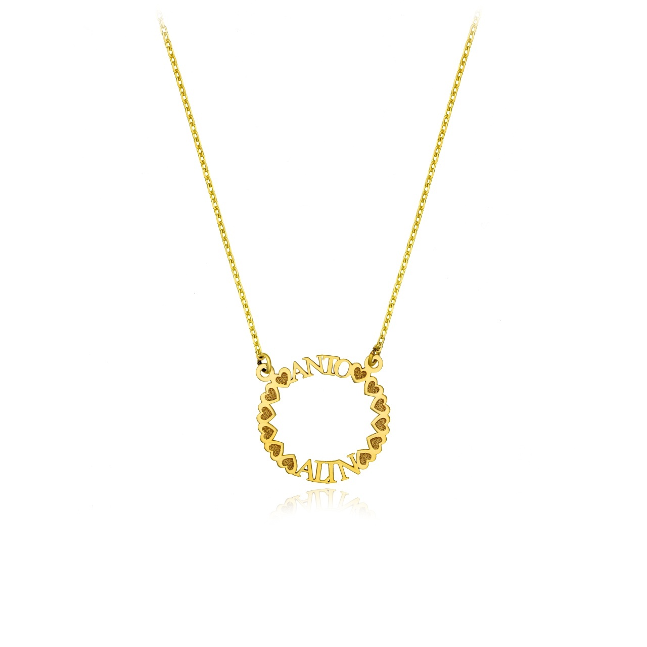 Colier Love Circle din aur 14k personalizat cu 2 nume si inimioare 45cm