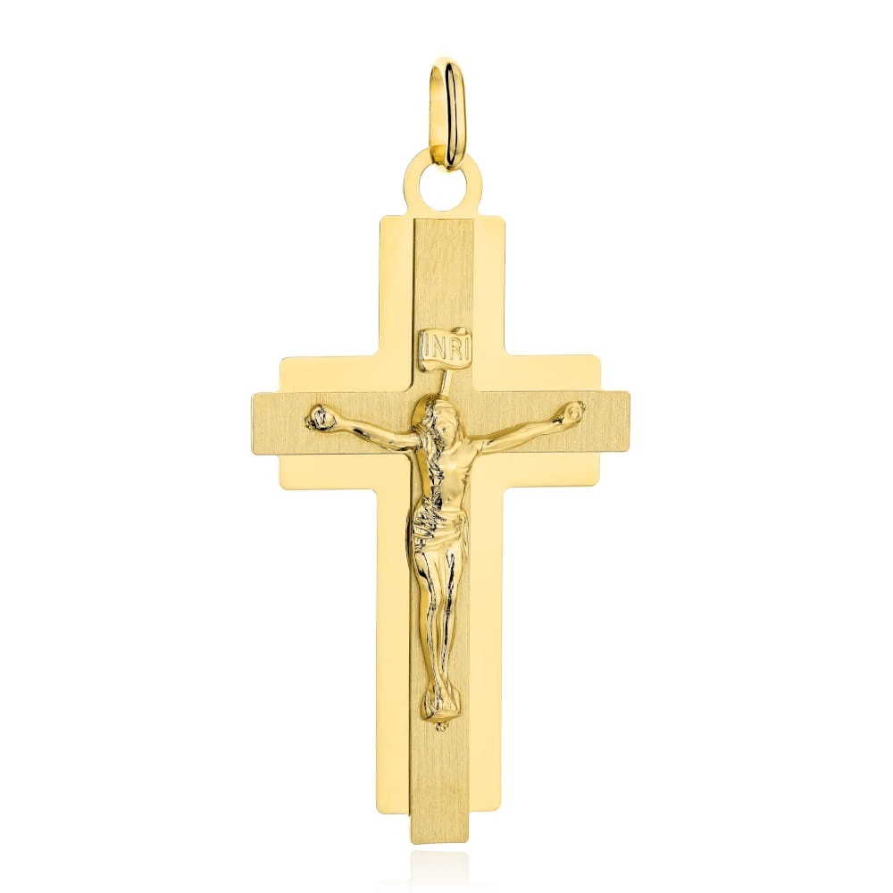 Cruciuliță Mare cu Isus din Aur 14K Galben, Satinsată cu Contur Lucios