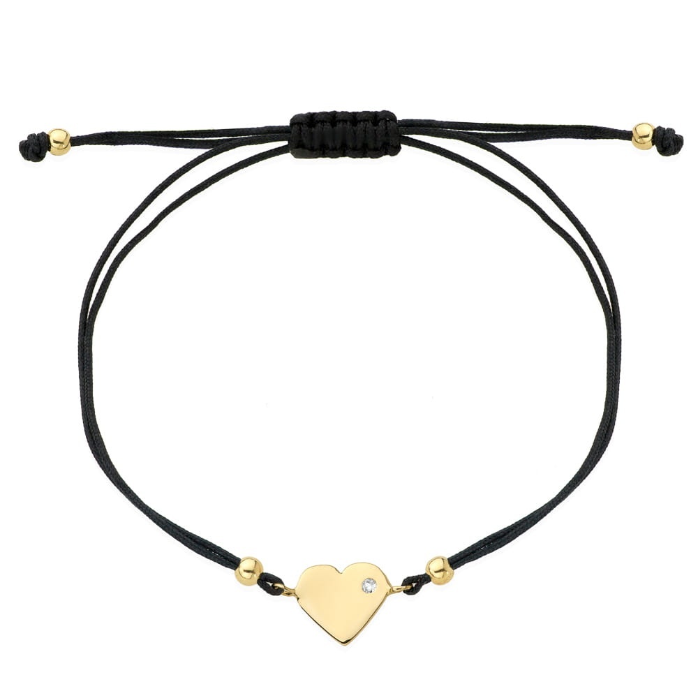 Brățară Inimă de Aur cu Zirconiu pe Snur Negru -Aur 14k