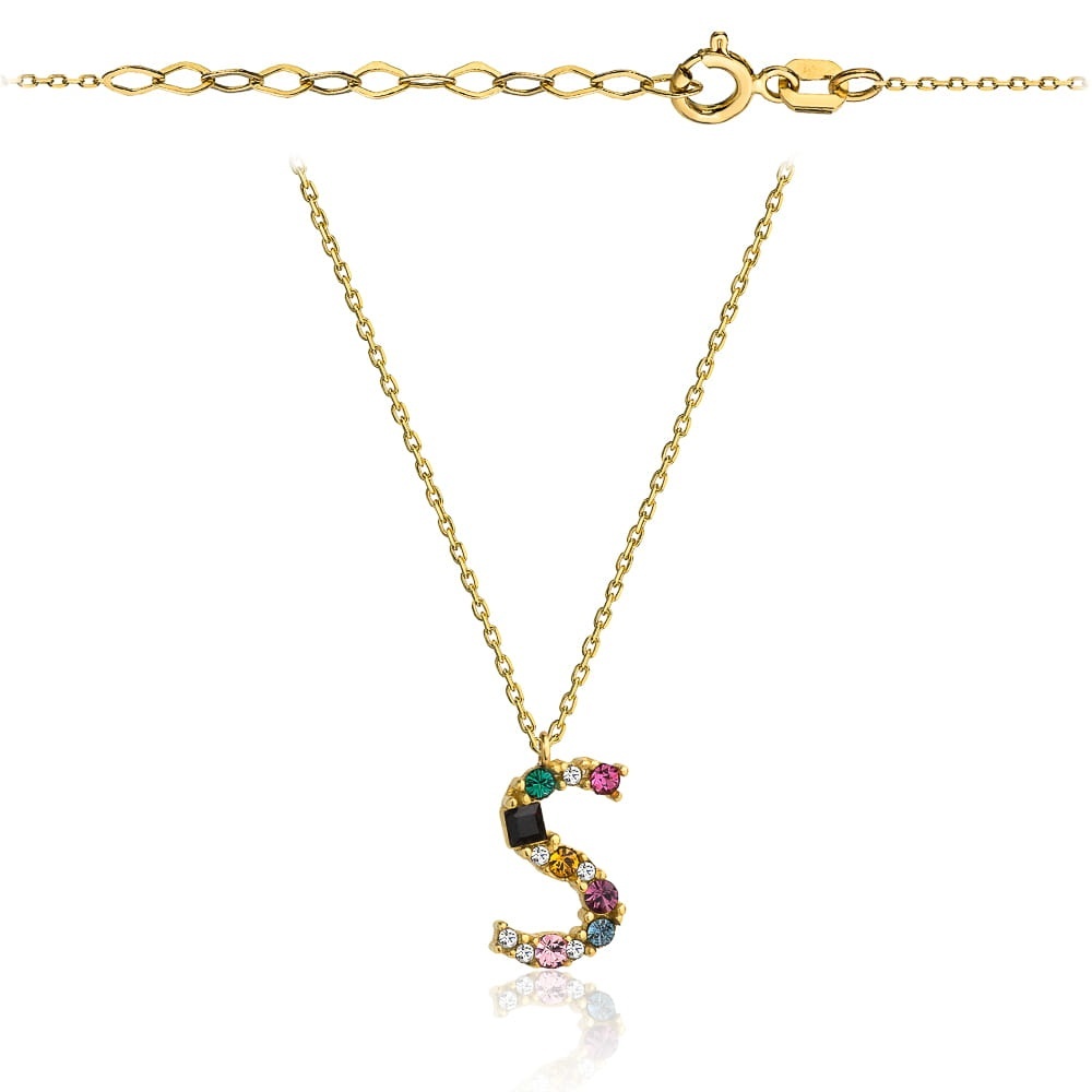 Colier cu Litera S si Pietre Multicolore- Aur 14k