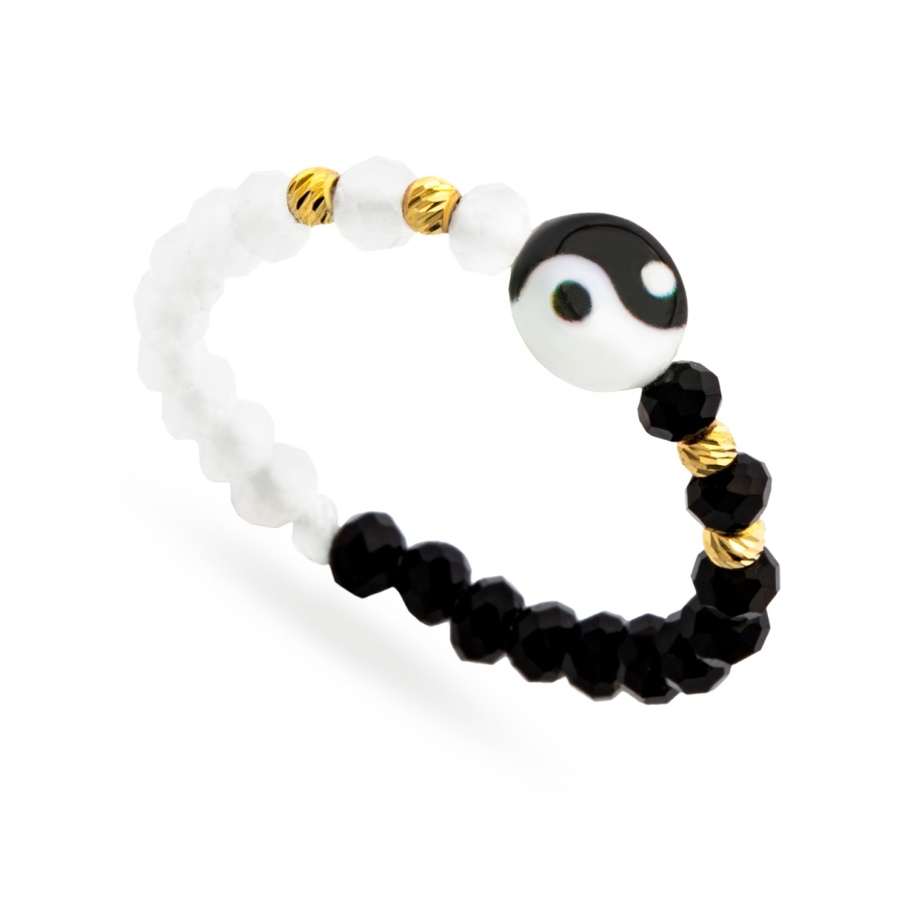 Inel Yin si Yang cu cristale si bilute din AUR 14K