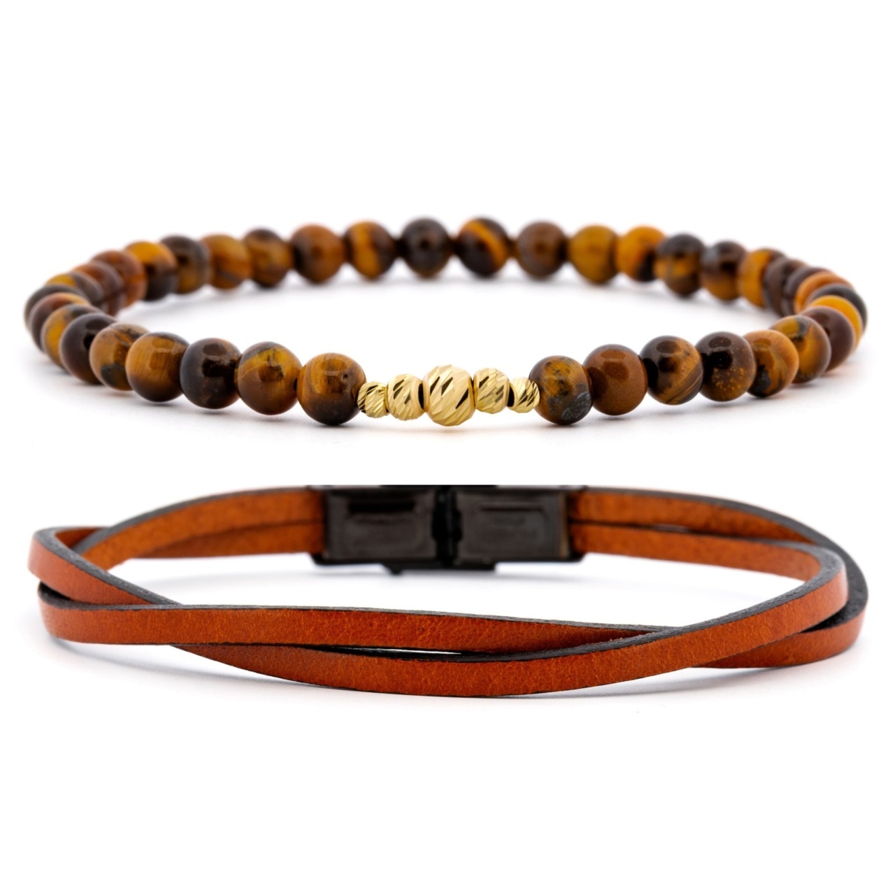 Set 2 brățări Ochi de Tigru din AUR 14K si Piele Naturală