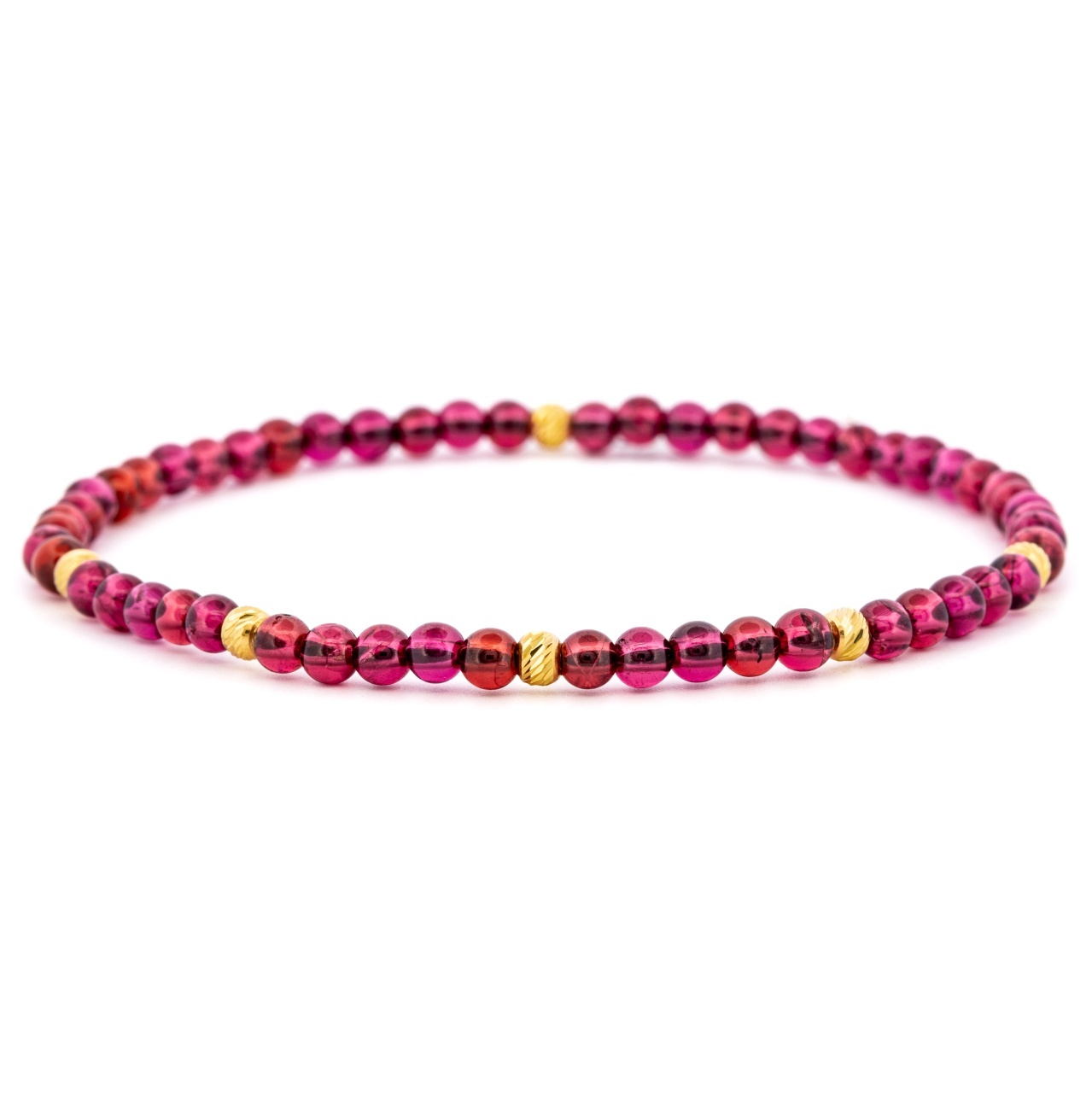 Brățară elastică cu Granat Natural de 3mm și 6 bile aur 14K