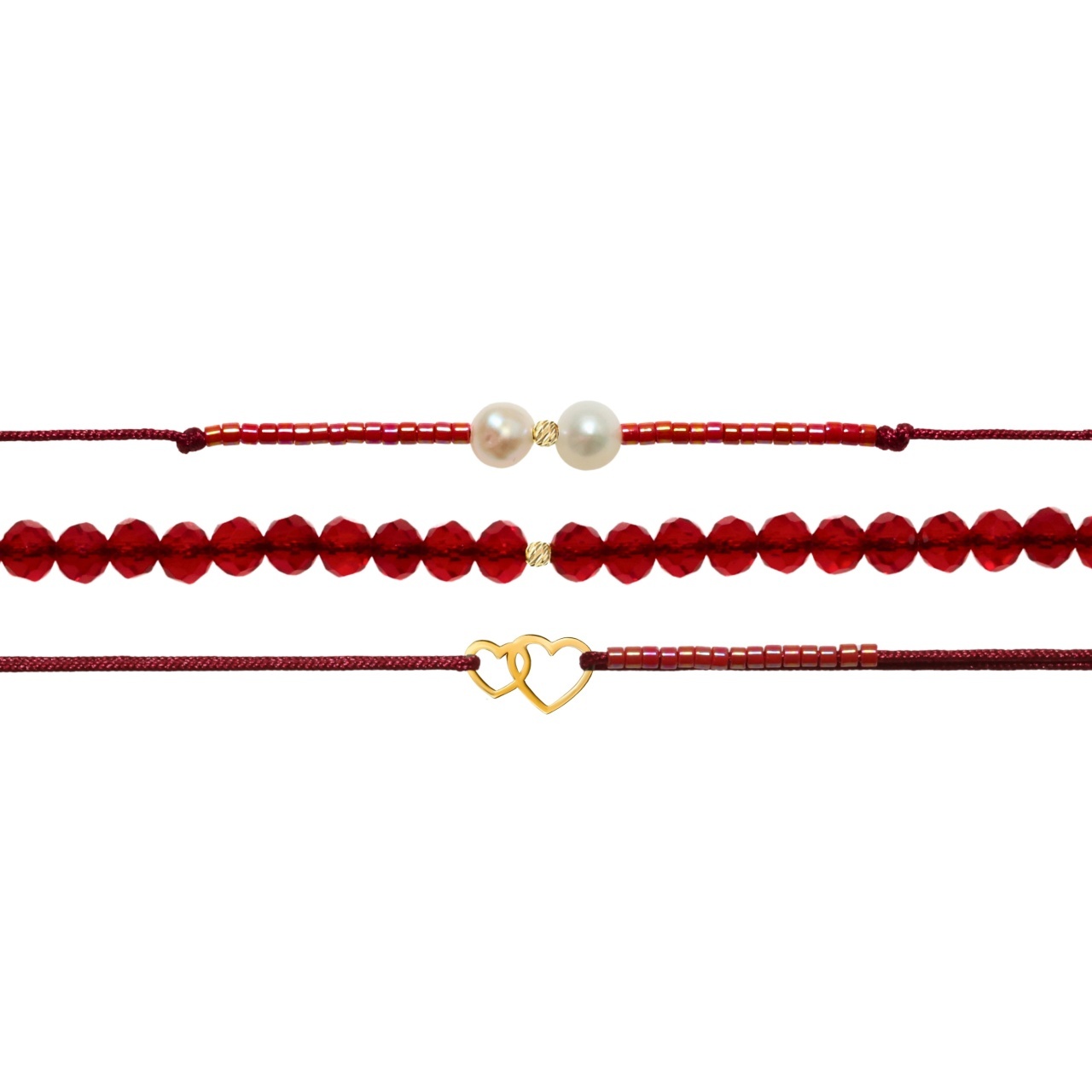 Set PROMO 3 bratari cu snur & cristale + bilute si inimioare duble din aur 14k