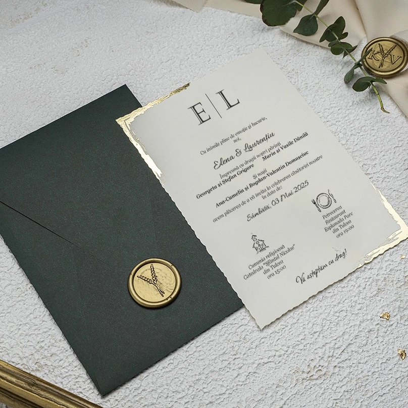 Invitatie de nunta eleganta colturi aurii si cu plic verde, 135x193mm – 9193