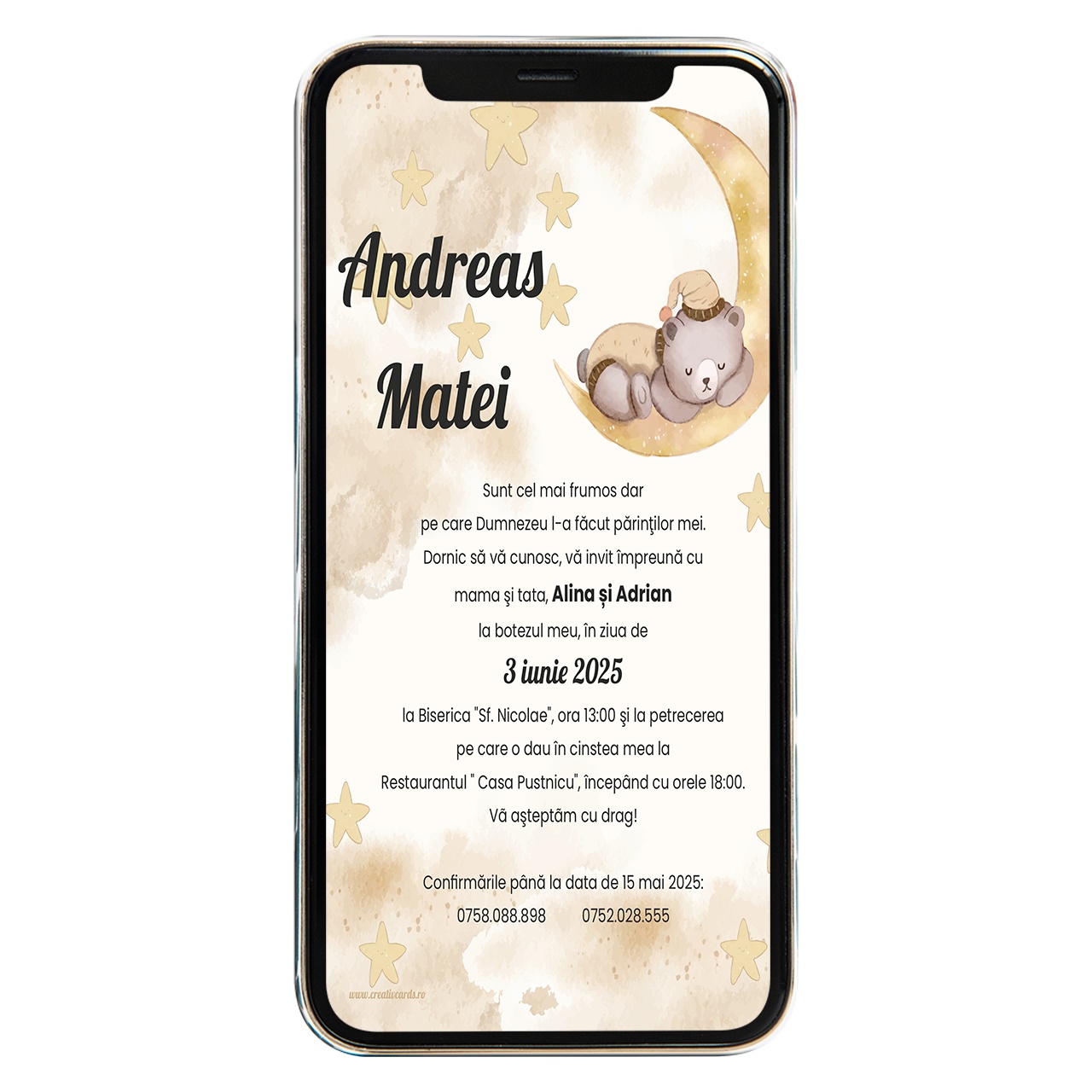 Invitatie digitala de botez Teddy Bear Gold