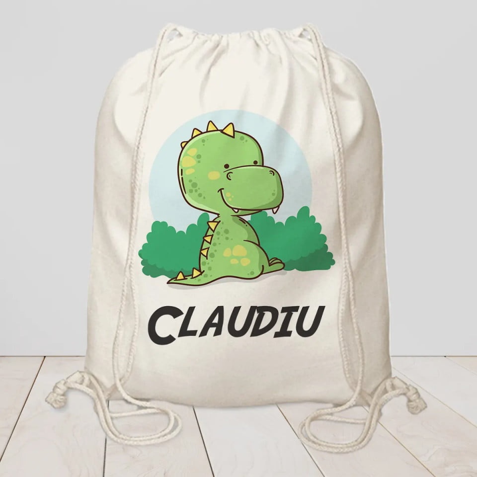 Saculet personalizat pentru gradinita cu nume - dinozaur