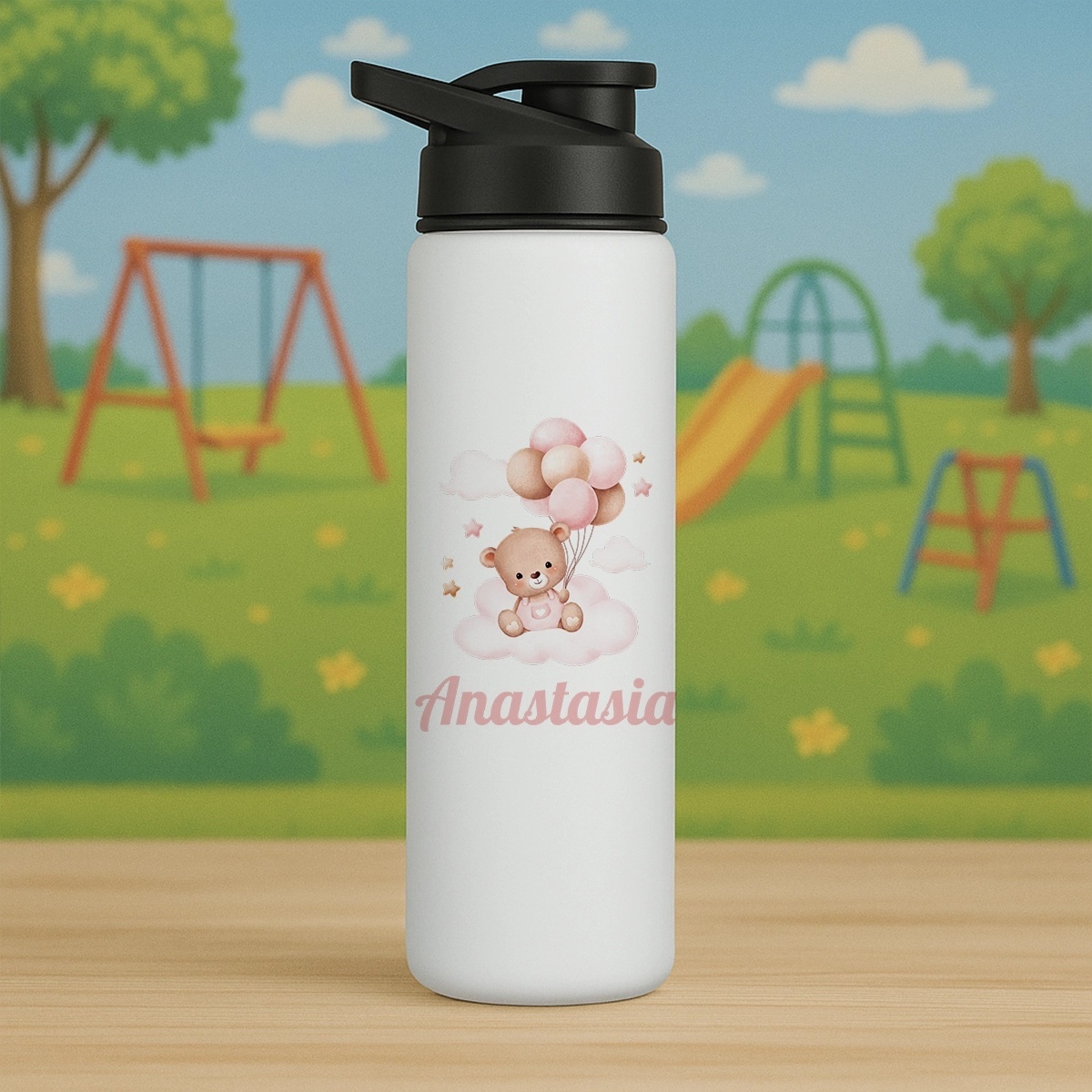 Sticla de apa personalizata cu ursulet si nume de fata