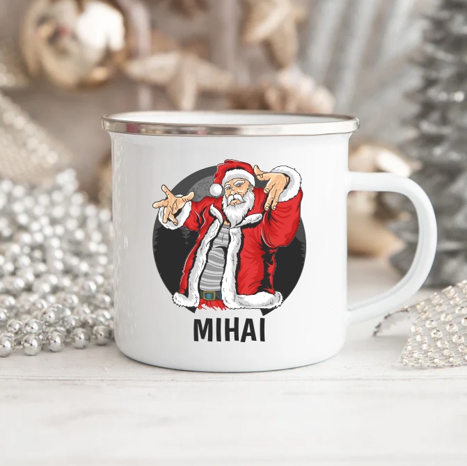 Cana metalica personalizata cu nume Santa Claus