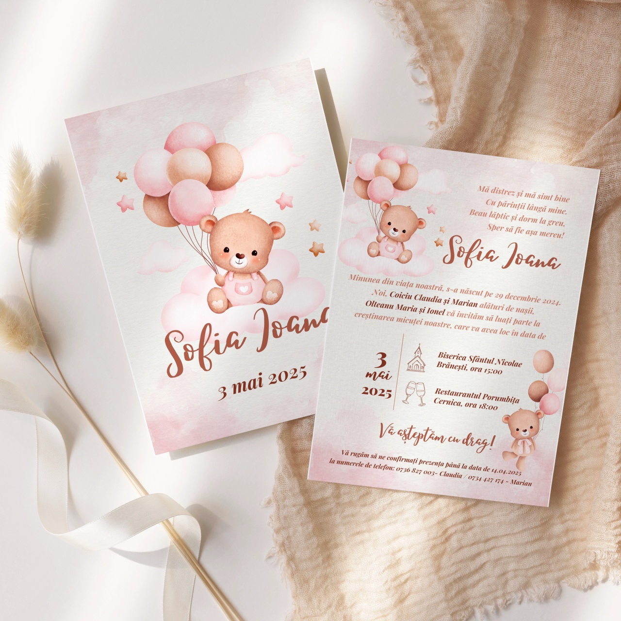 Invitatie de botez cu ursulet roz, 128x178mm, fara plic - BZ0031