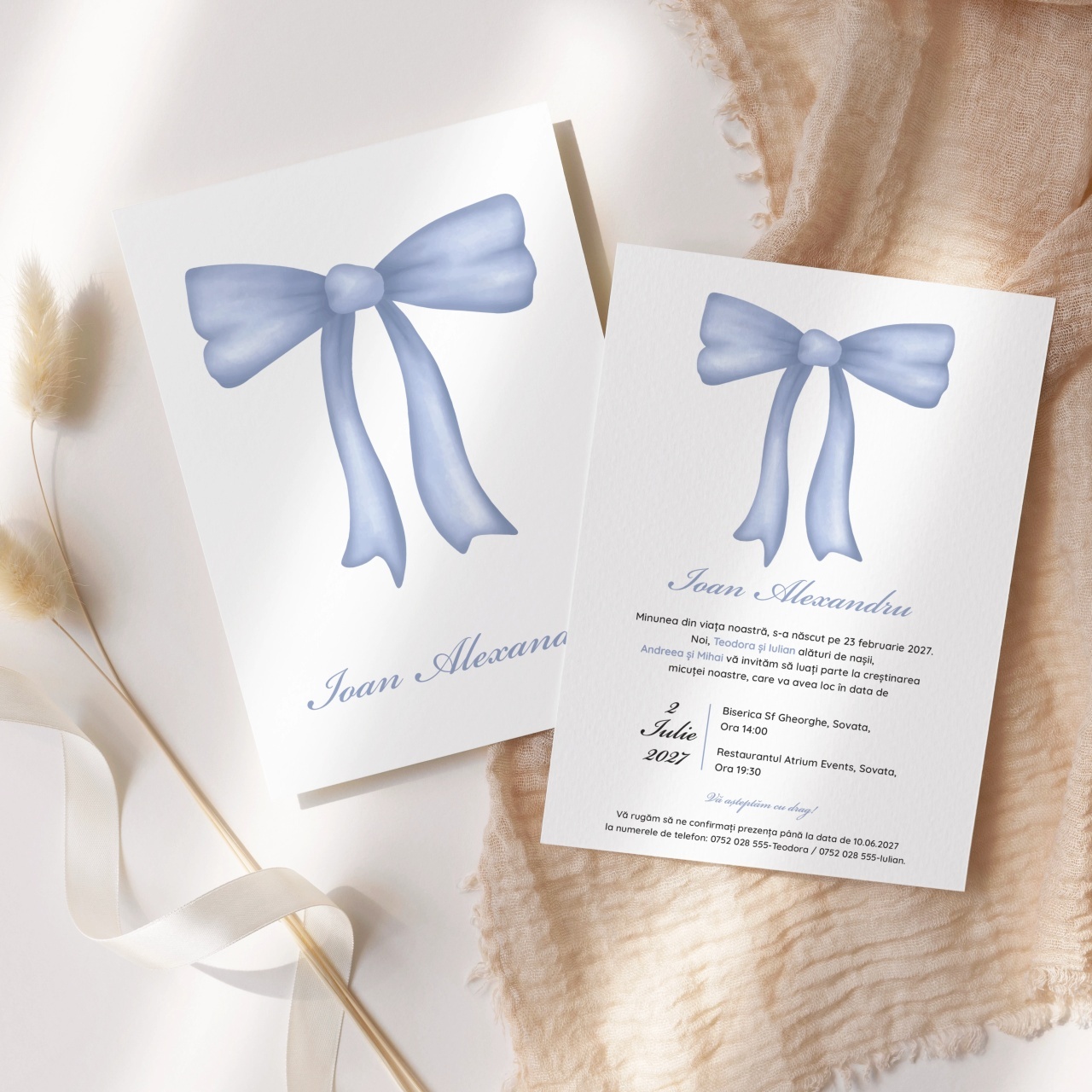 Invitatie de botez fundita albastra, 128x178mm, fara plic - BZ0054