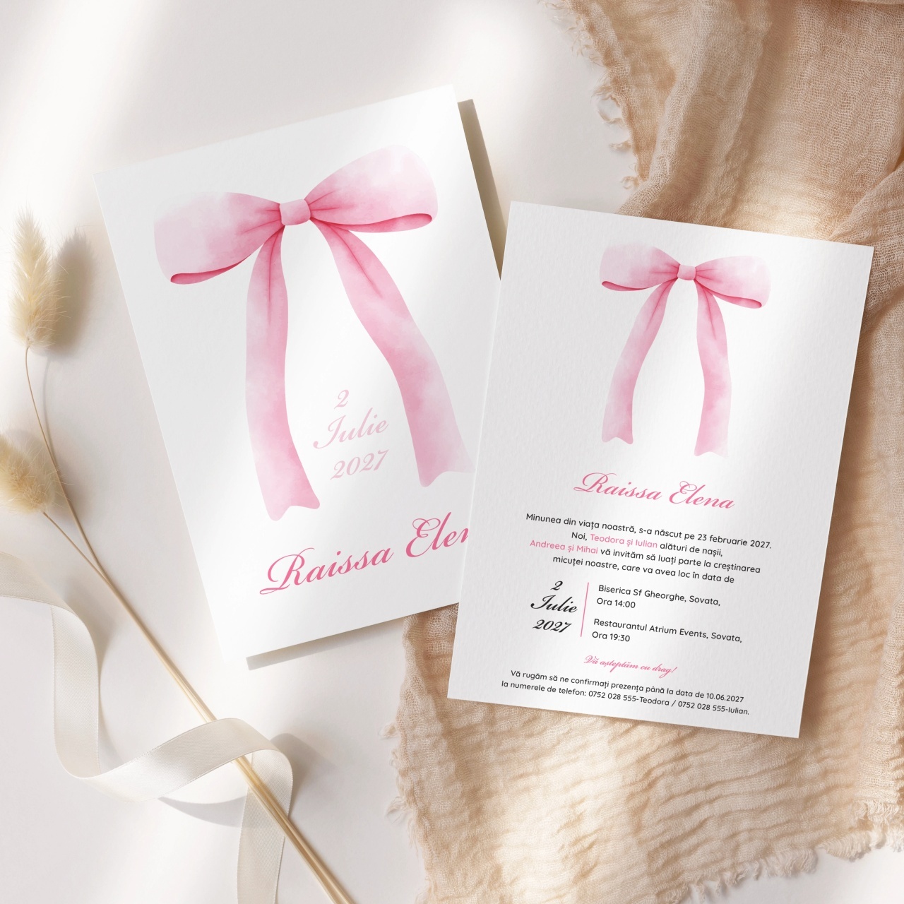 Invitatie de botez fundita roz, 128x178mm, fara plic - BZ0052