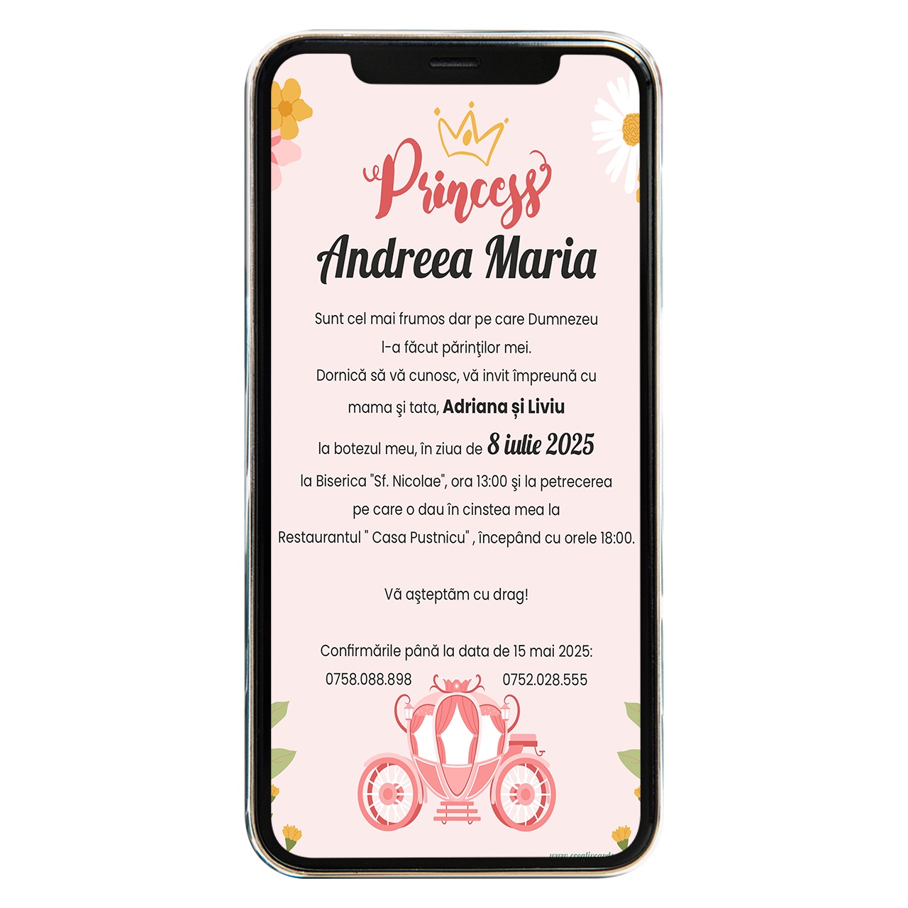 Invitatie digitala de botez trasura princess