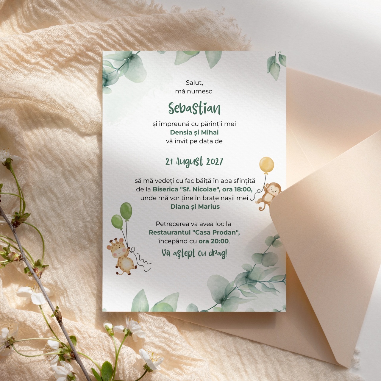 Invitatie de botez baby animals, 128x178mm, fara plic - BZ0035
