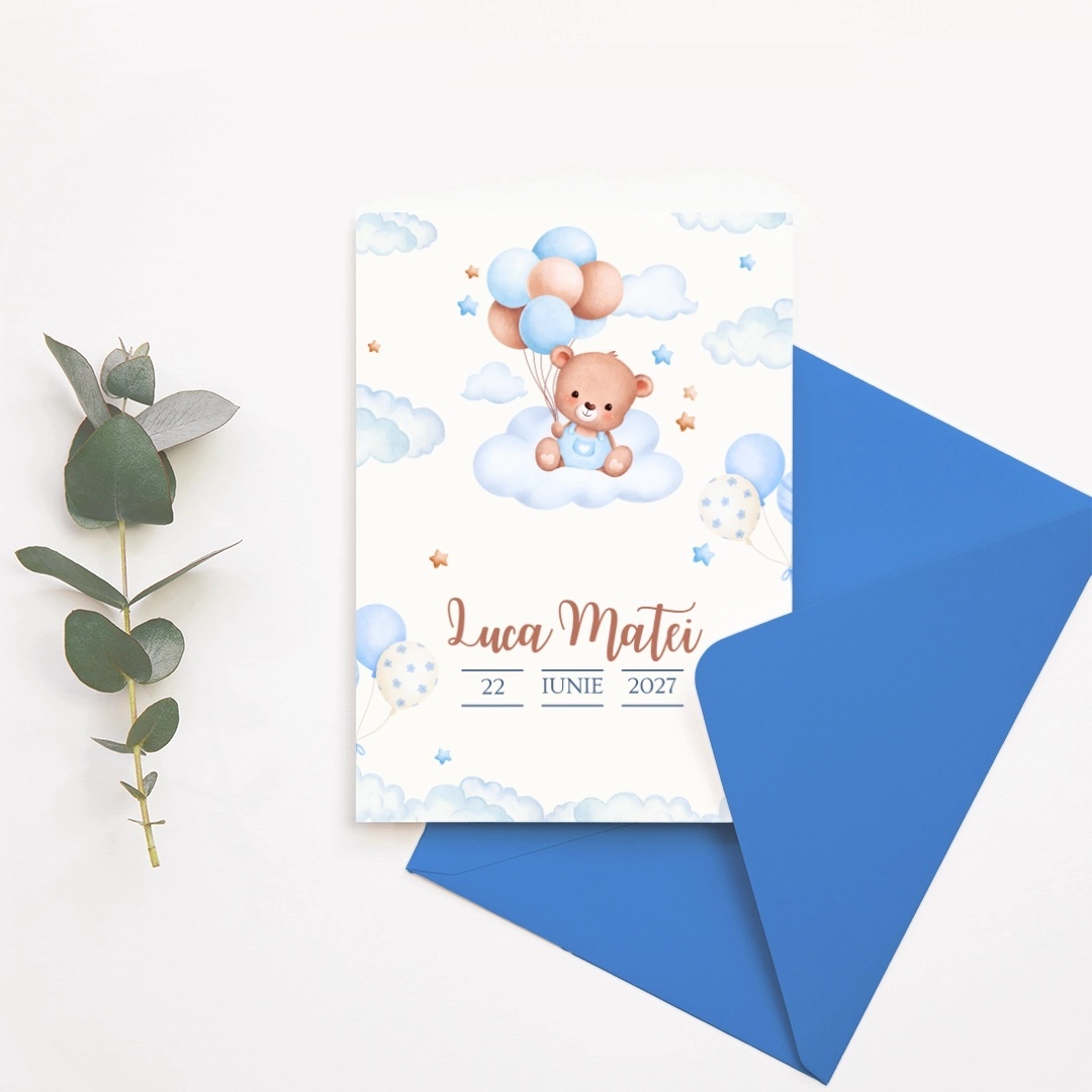 Invitatie de botez ursulet cu baloane, 128x178mm, fara plic - BZ0033