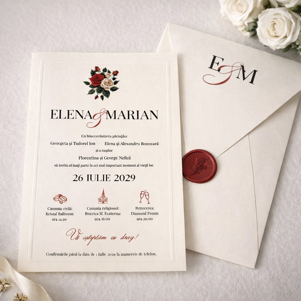 Invitatie de nunta alb crem cu accente florale burgundy si aspect premium – 12278R