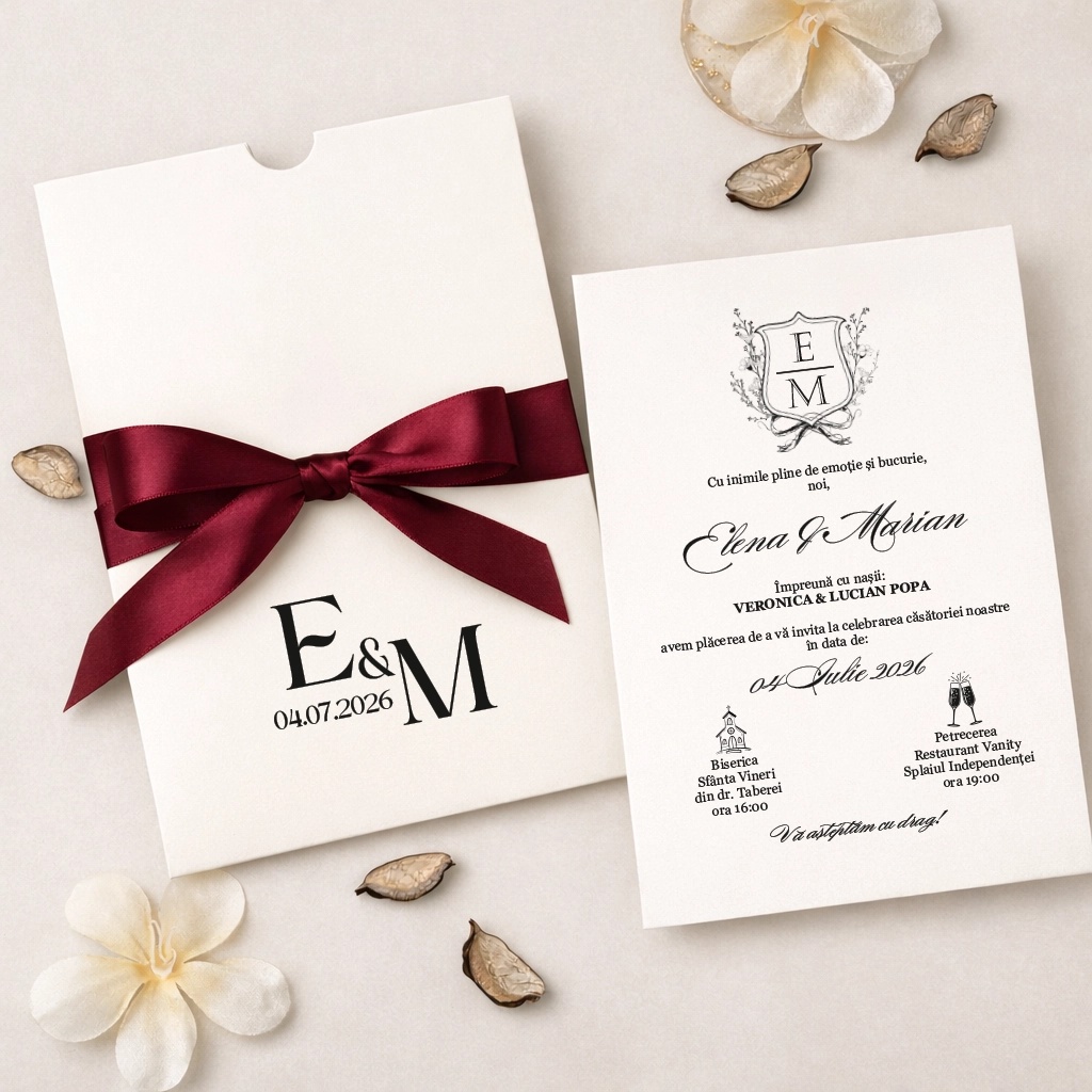 Invitatie de nunta minimalista si eleganta cu design modern si panglica – 96934P