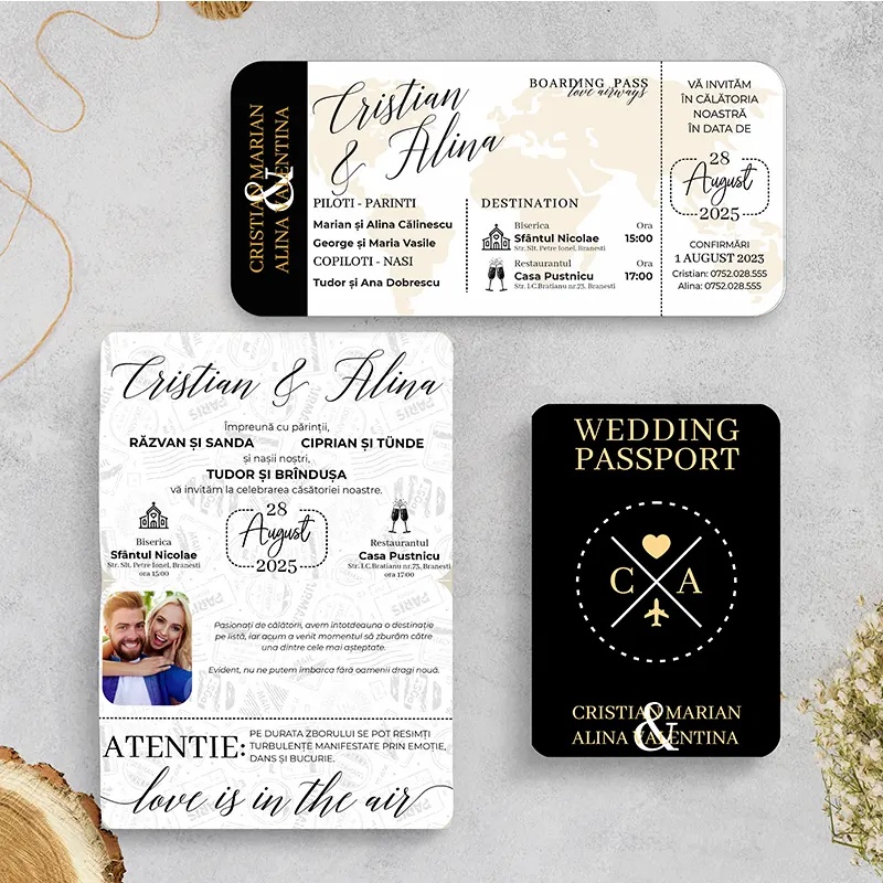Invitatie de nunta tip pasaport negru si boarding pass – tematica calatorie