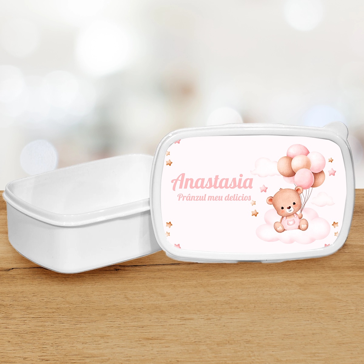 Lunch box personalizat cu ursulet si nume de fata