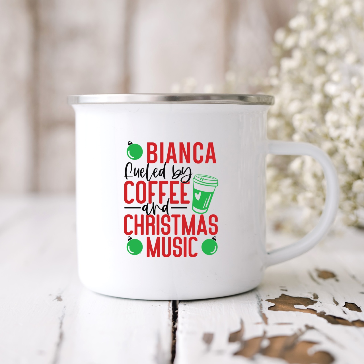 Cana metalica personalizata cu nume Coffee & Christmas music