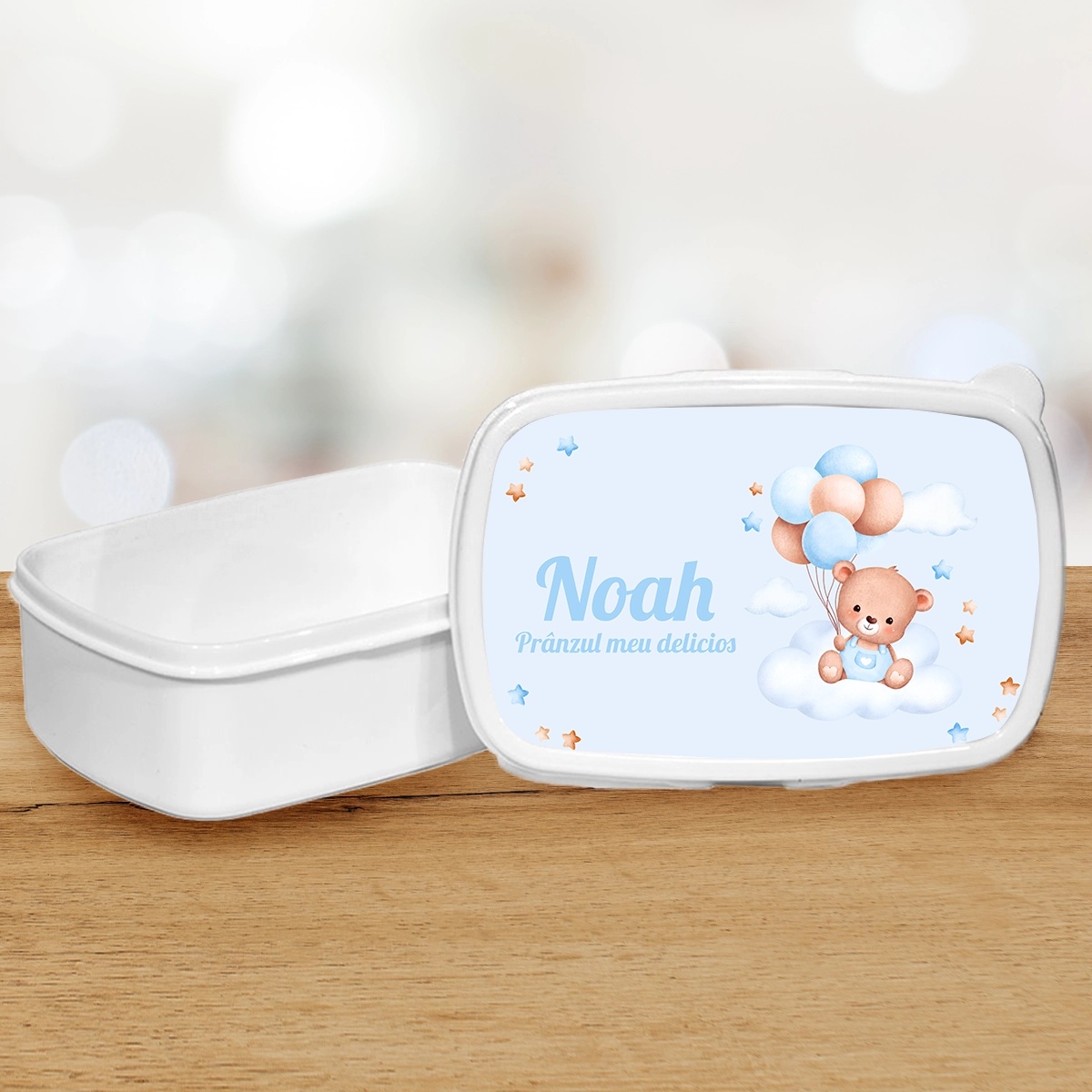 Lunch box personalizat cu ursulet si nume de baiat