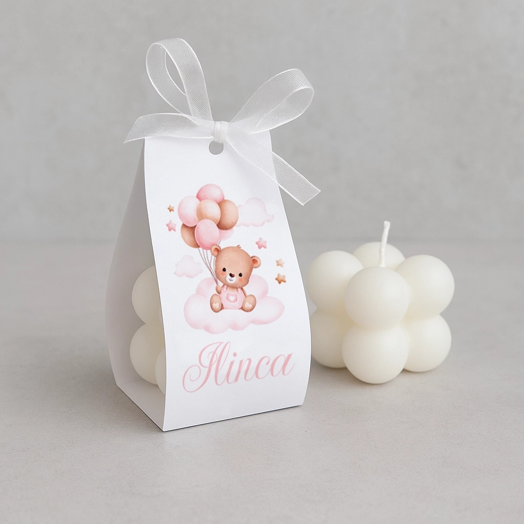 Marturii botez - lumanare cu ambalaj din carton ursulet roz