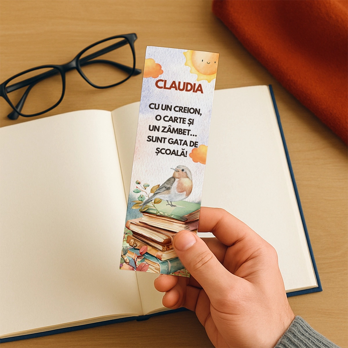 Semn de carte personalizat cu nume si text, model reading