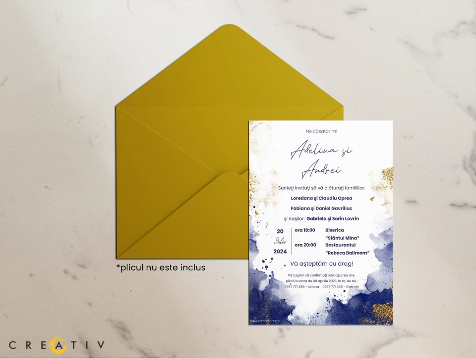 Invitatie de nunta Blue&Gold Watercolor