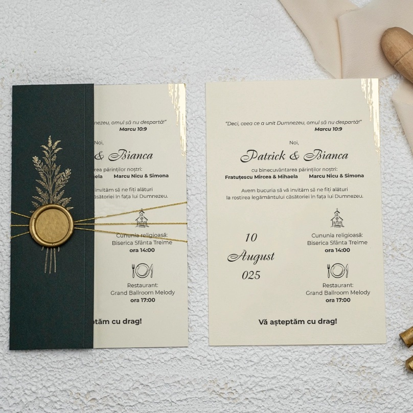 Invitatie de nunta verde, cu elemente aurii si snur auriu, 124x189mm – 9279