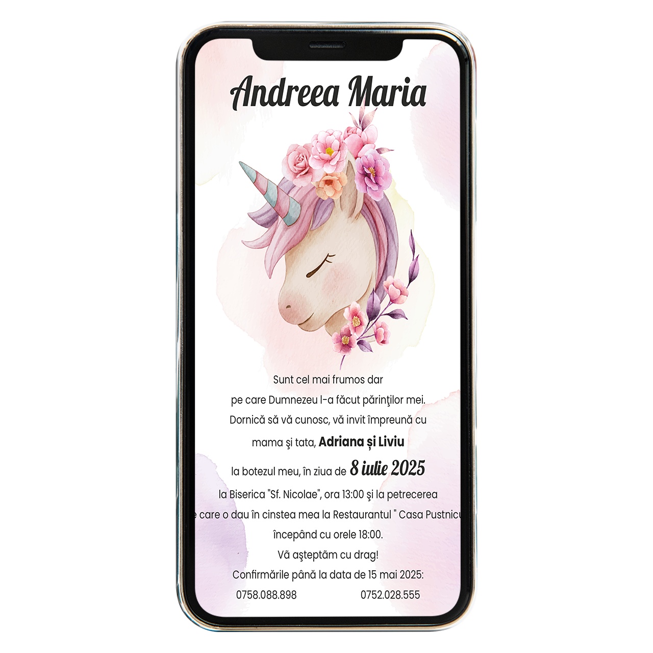 Invitatie digitala de botez unicorn 2