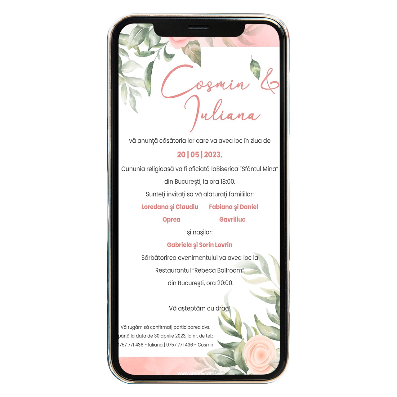 Invitatie digitala de nunta Pink Flowers